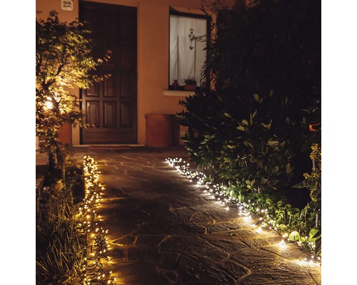 Chemin de jardin illuminé avec des guirlandes lumineuses pour une ambiance chaleureuse.