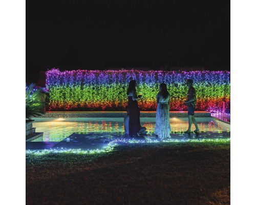 Garden-party au bord de la piscine avec guirlande lumineuse colorée sur la haie
