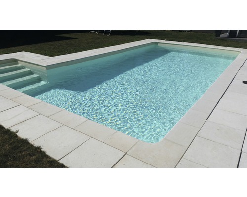 Piscine avec escalier et bordure en pierre dans le jardin