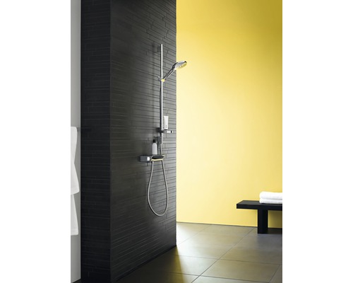 Badezimmer mit Duschsystem, Ablageflächen und Sitzbank