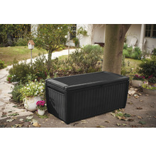 Garten Szene mit einer schwarzen Gartenbox zur Aufbewahrung im Aussenbereich.