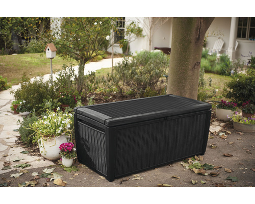 Scène de jardin avec un coffre de jardin noir pour le rangement extérieur.
