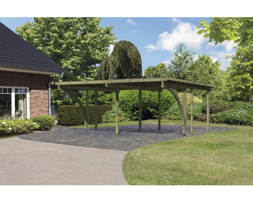 Carport double Karibu Eco 1C plaques PVC avec 2 arches d’entrée sans ferrures 527x387 cm traité en autoclave par imprégnation