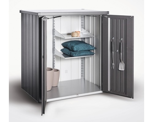 Ensemble d'étagères biohort pour armoire de terrasse Romeo Armoire de jardin en métal avec étagères et portes ouvertes