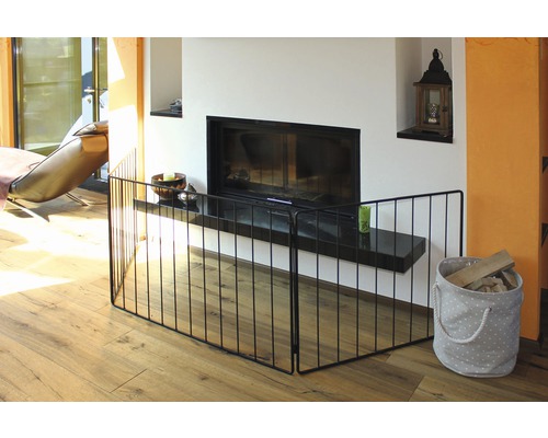 Salon avec pare-feu de cheminée en métal devant une cheminée