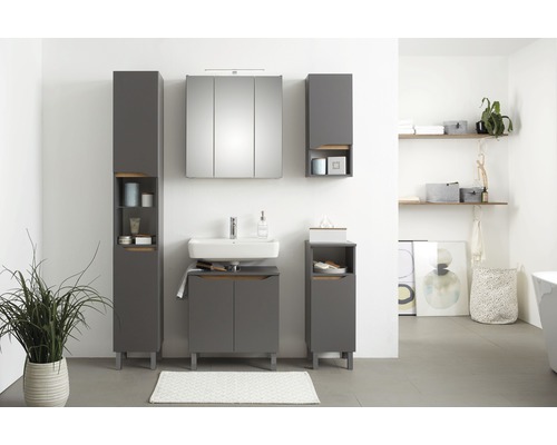 Ensemble de salle de bains moderne avec meuble sous-lavabo, armoire de toilette et armoire haute dans les tons gris