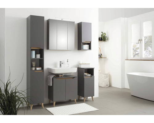 Salle de bains moderne avec lavabo, armoire de toilette et meubles de salle de bains gris