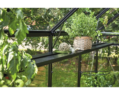 Lamellen-Regal JULIANA integriert 5 Sektionen 361 x 19,5 cm schwarz Gewächshausinneneinrichtung mit Regalen, Pflanzgefäßen und Pflanzen
