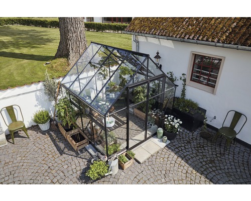 Serre avec plantes et mobilier de jardin à l''extérieur