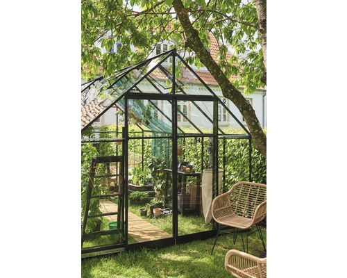 Serre avec plantes et outils de jardin dans un jardin