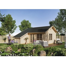 Maison de jardin en bois avec terrasse dans un jardin avec étang