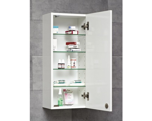 Armoire de toilette ouverte blanche avec étagères en verre pour ranger les médicaments et les articles de salle de bain.