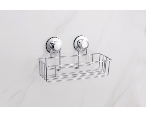 Étagère de douche en fil métallique avec ventouses pour montage mural.