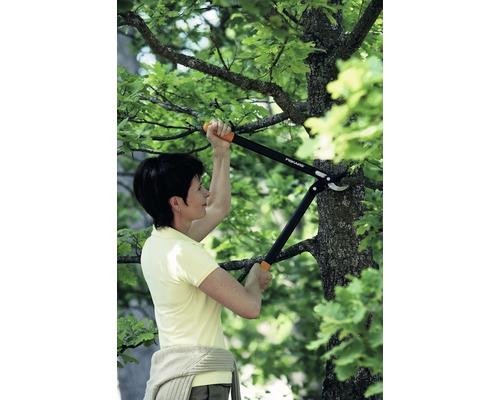 Une femme coupe une branche d''arbre avec un ébrancheur.