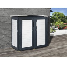 Gartenschrank mit zwei Türen und Metalloberseite vor einer Ziegelwand