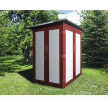 Abri de jardin avec trois portes sur une pelouse