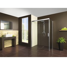 Salle de bains avec douche, lavabo et miroir