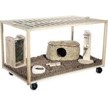 Cage pour petits animaux avec râtelier à foin, abreuvoir, cabane et gamelle