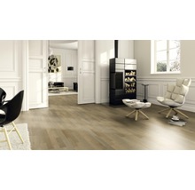 Salon avec parquet en bois, poêle et fauteuils