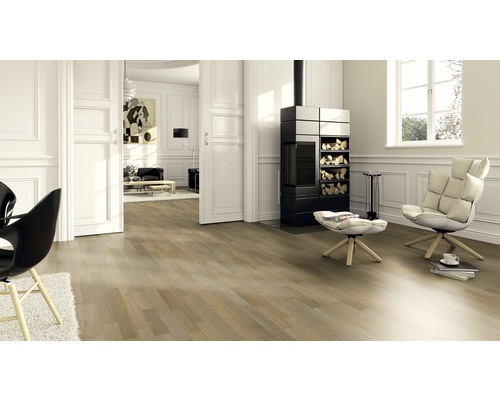 Salon avec parquet en bois, poêle et fauteuils