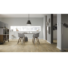 Pièce lumineuse avec plancher en bois, table à manger et étagères