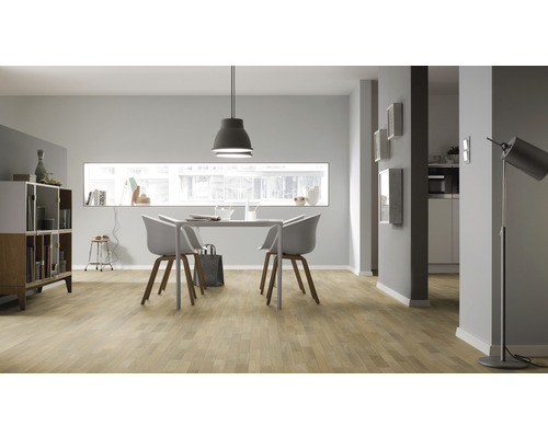 Pièce lumineuse avec plancher en bois, table à manger et étagères