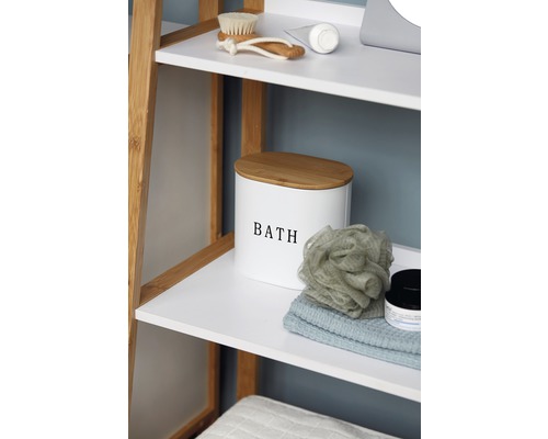 Étagère de salle de bain avec des accessoires de bain tels que brosse, tube, récipient et gant de toilette