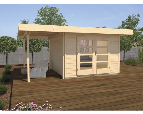 Abri de jardin weka Designhaus 126 A+ taille 1 passage libre haut 195 cm, avec plancher et toit en appentis 500 x 314 cm naturel