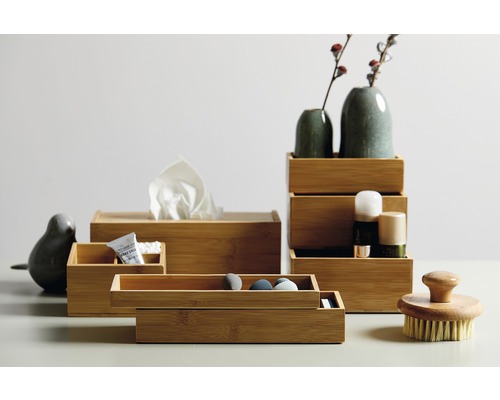 Scène de salle de bain avec boîtes de rangement en bambou, mouchoirs, cosmétiques et brosse