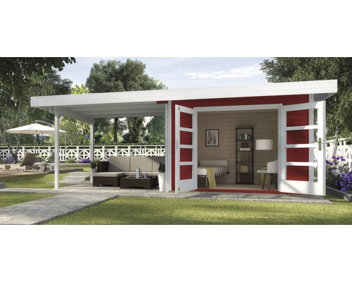 Abri de jardin weka Designhaus 126 B+ taille 1 passage libre haut 195 cm, avec plancher et toit en appentis 645 x 314 cm rouge