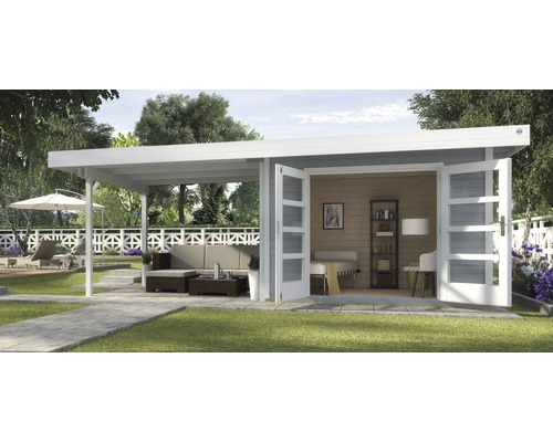 Abri de jardin weka Designhaus 126 B+ taille 1 passage libre haut 195 cm, avec plancher et toit en appentis 645 x 314 cm gris