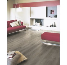 Helles Wohnzimmer mit Laminatboden, rotem Sofa und Kamin.