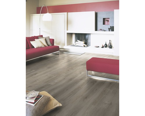 Helles Wohnzimmer mit Laminatboden, rotem Sofa und Kamin.