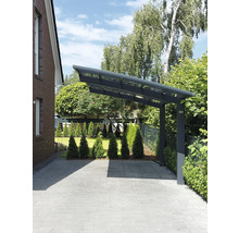 Abri voiture moderne en métal et verre à côté d''une maison avec une allée pavée et un jardin