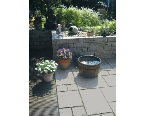 Jardin décoratif avec mur en pierre naturelle, figurine de Bouddha, plantes en pot et tonneau d''eau