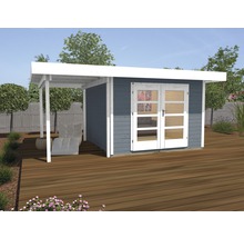Abri de jardin avec terrasse et porte double sur terrasse en bois