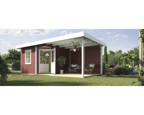 Gartenhaus weka Designhaus 213 B+ Gr. 1 hohes Durchgangsmaß 195 cm, mit Fußboden und Schleppdach 585 x 298 cm rot