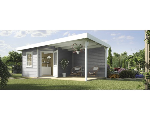 Abri de jardin weka Designhaus 213 B+ taille 1 passage libre haut 195 cm, avec plancher et toit en appentis 585 x 298 cm gris