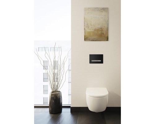 Salle de bains moderne avec WC suspendu, plaque de commande et décoration