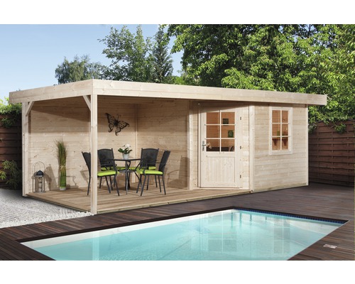 Abri de jardin Designhaus 213 B+ weka taille 2 dimension de passage élevée 195 cm, avec plancher et toit en appentis 593 x 298 cm naturel