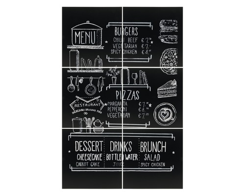 Carreaux avec motif tableau de menu pour restaurant, avec offres de burgers, pizzas, desserts, boissons et brunchs