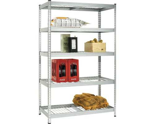 Étagère métallique à cinq niveaux avec divers articles