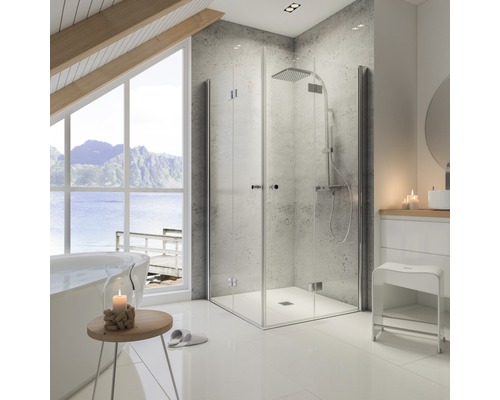Salle de bains avec cabine de douche, lavabo, baignoire et grande fenêtre