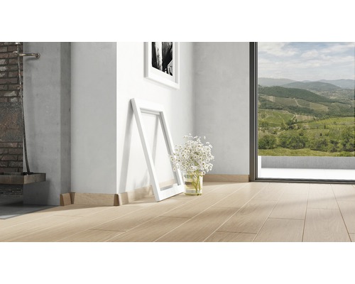 Heller Raum mit Parkettboden, Fussleisten und Blick auf eine Landschaft