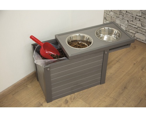 Futterbar für Haustiere mit Edelstahlnäpfen, Futterschaufel und Vorratsbehälter