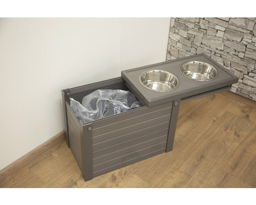 Futterbar mit zwei Edelstahlnäpfen und Stauraum für Tierfutter