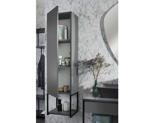 Badezimmer mit Hochschrank, Waschbecken und Dekoration