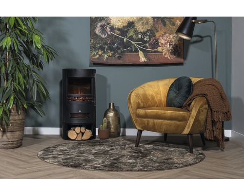 Salon avec poêle à bois, fauteuil, tapis et décoration