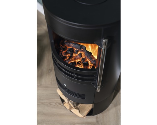 Poêle noir avec feu simulé et bûches.