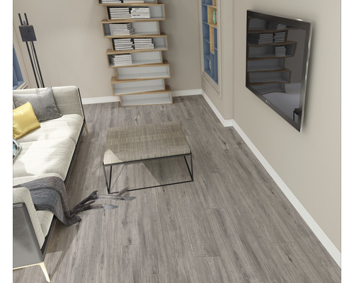 Wohnzimmer mit Sofa, Tisch, Bücherregal und Fernseher an der Wand, ausgestattet mit grauem Laminatboden.